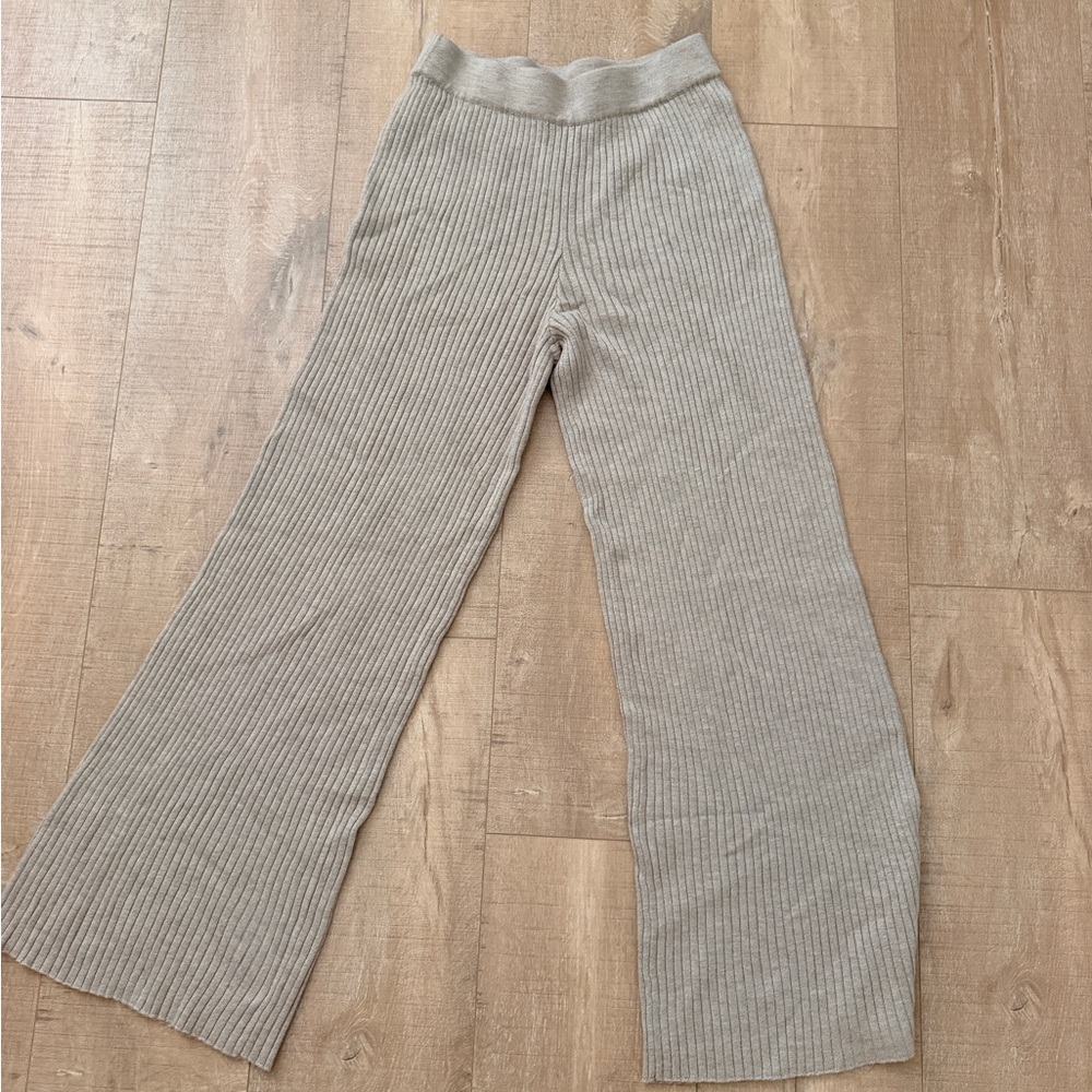 Wide Leg Ribbed Knit Pants - Cream